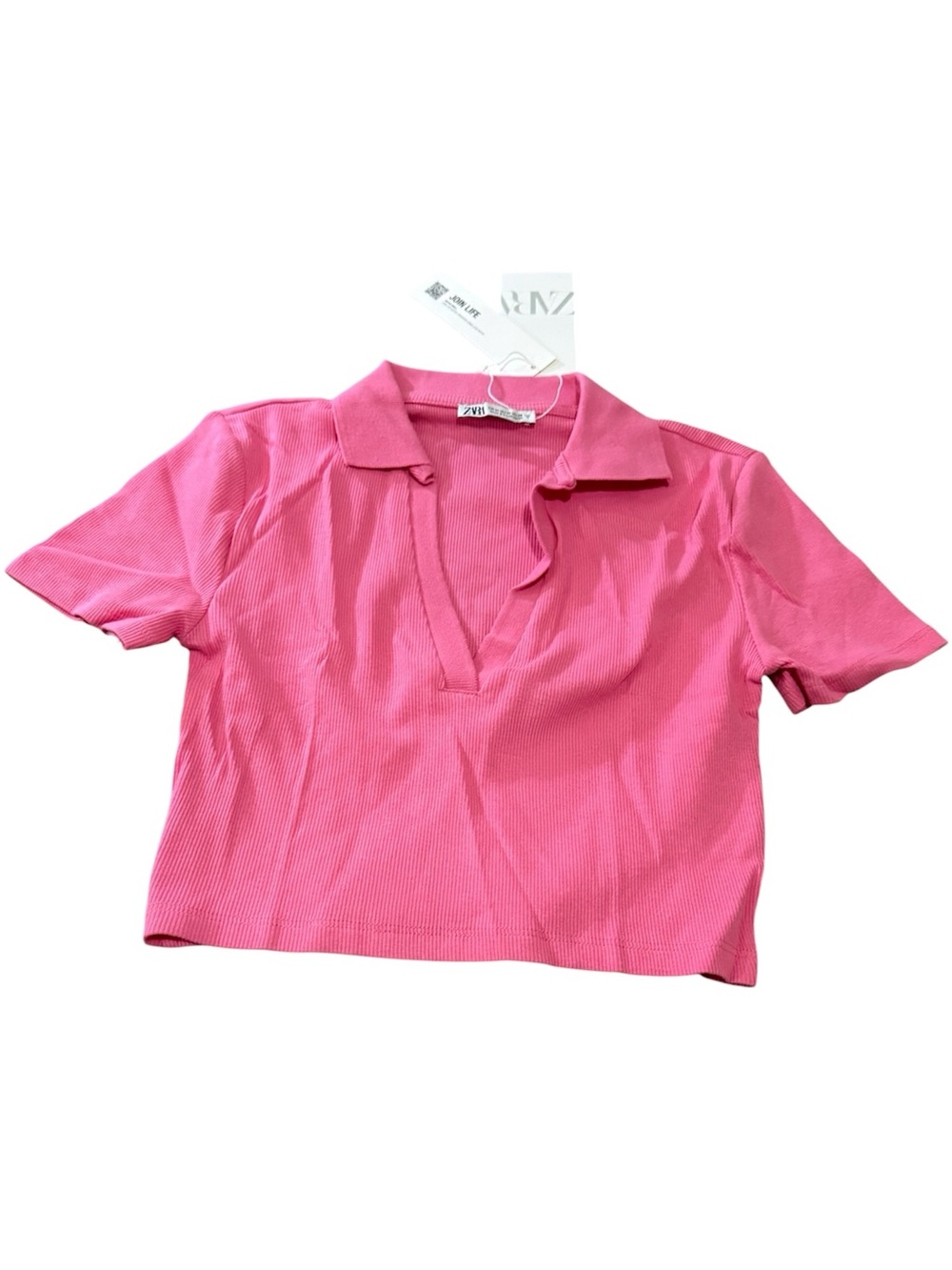Zara Hot Pink Ribbed Polo Crop Top